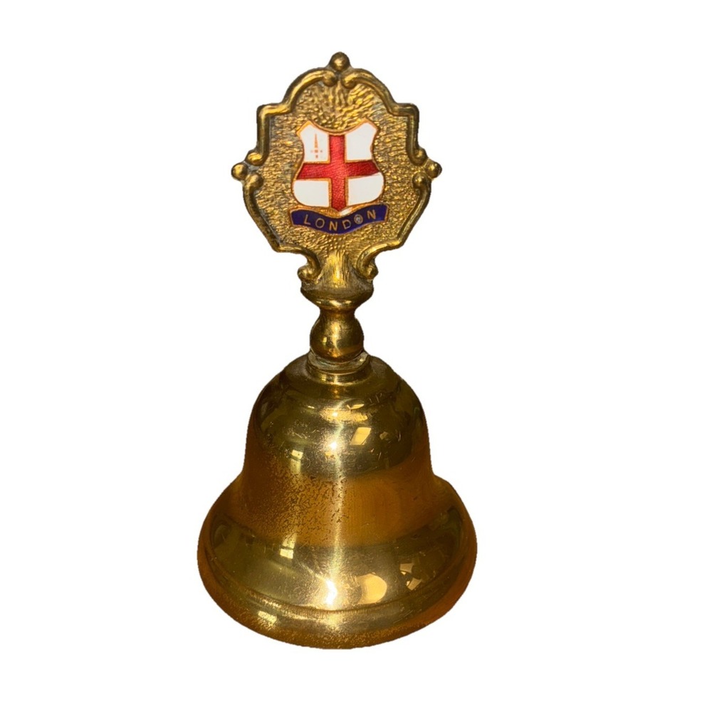 Vintage London England Brass‎ Souvenir Hand Bell St George Cross Enamel Crest 4"